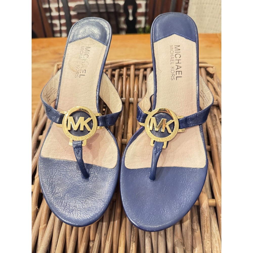 Michael Kors Navy Blue Leather Cork Wedge Sandals Gold Logo Thong PW14C 8.5M